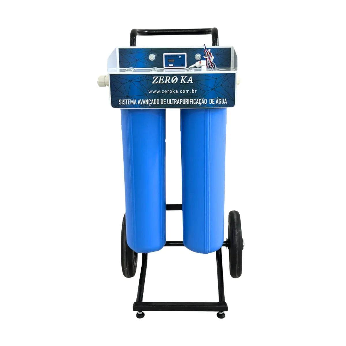 Filtro deionizador Zero Ka modelo 0K Max com suporte móvel para produção de água desmineralizada, ideal para radiadores e uso em oficinas mecânicas – vista frontal