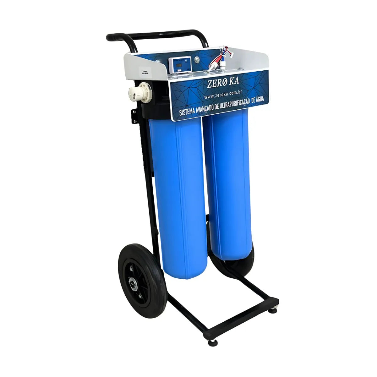 Filtro deionizador Zero Ka modelo 0K Max com suporte móvel para produção de água desmineralizada, ideal para radiadores e uso em oficinas mecânicas – vista frontal direita
