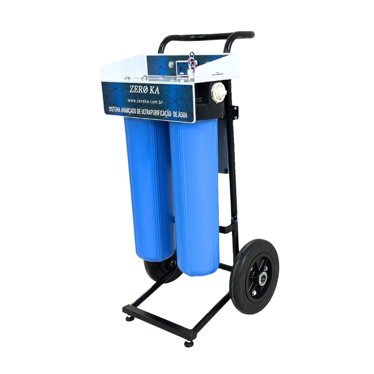 Filtro deionizador Zero Ka modelo 0K Max com suporte móvel para produção de água desmineralizada, ideal para radiadores e uso em oficinas mecânicas – vista lateral esquerda